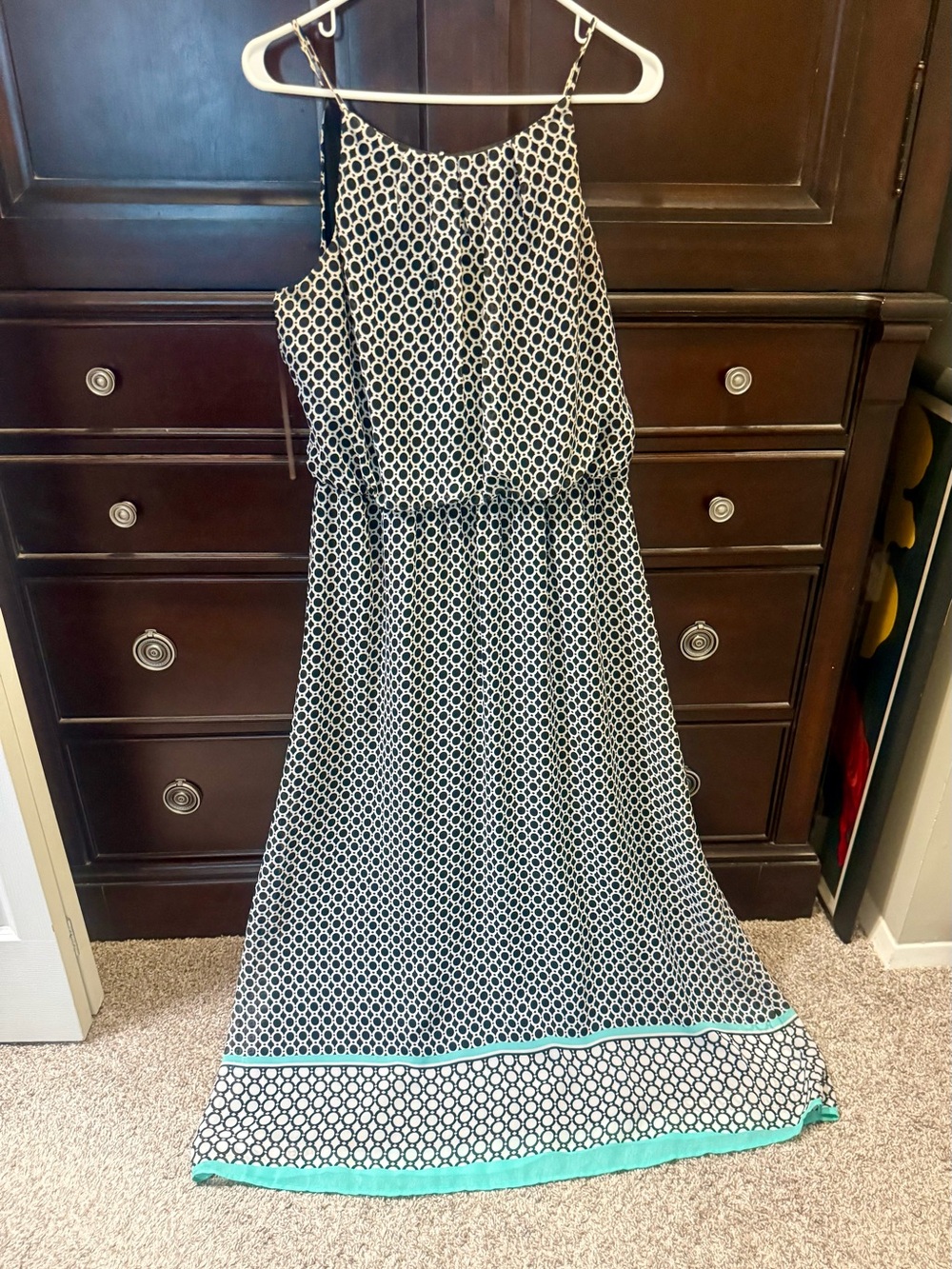 Tacera Black and White Geometric Maxi Dress with Teal Trim